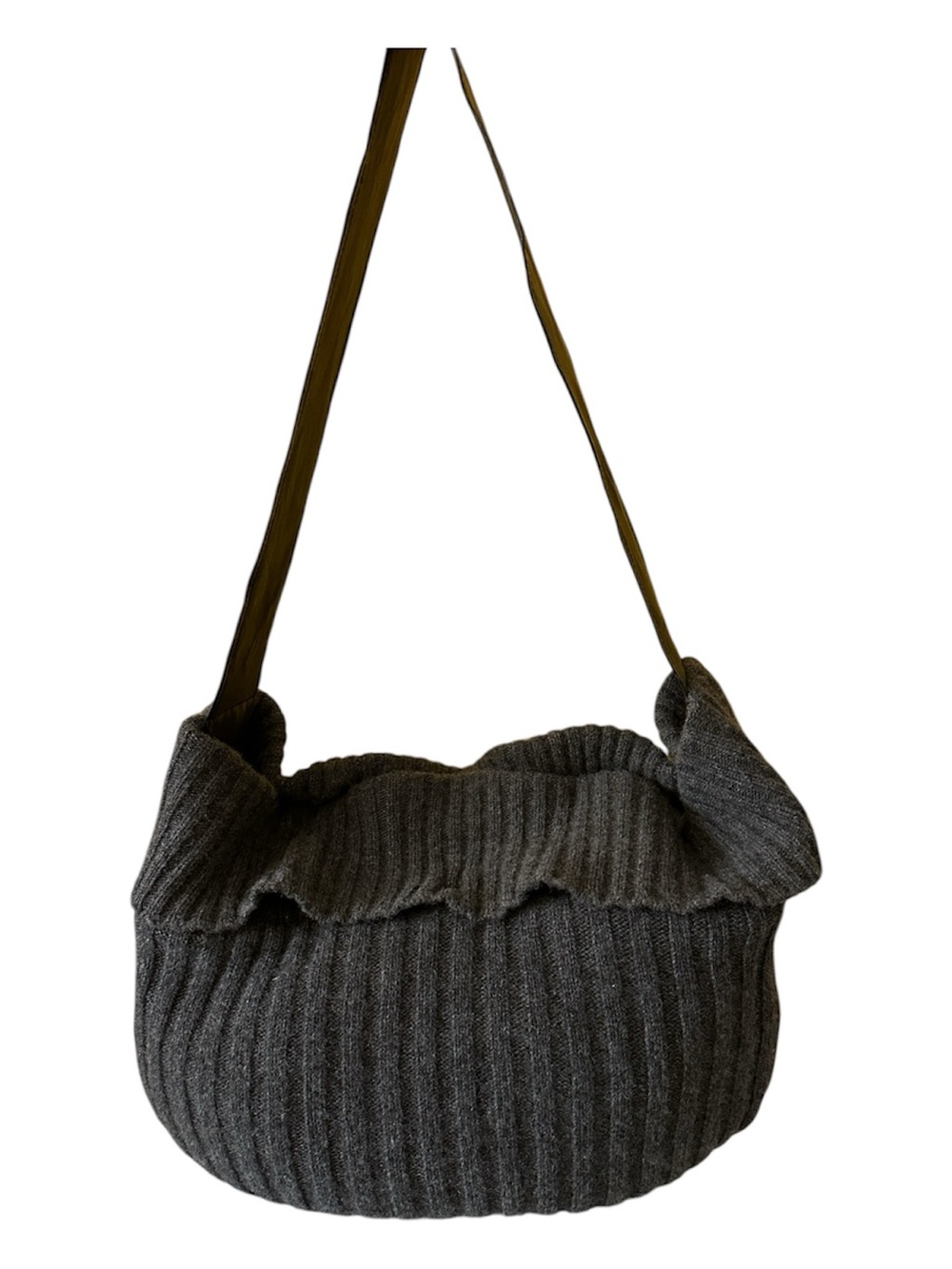 Darzzi Leather and Gray Lambswool Ribbed Knit Hobo Bag Slouchy Oversized Sling